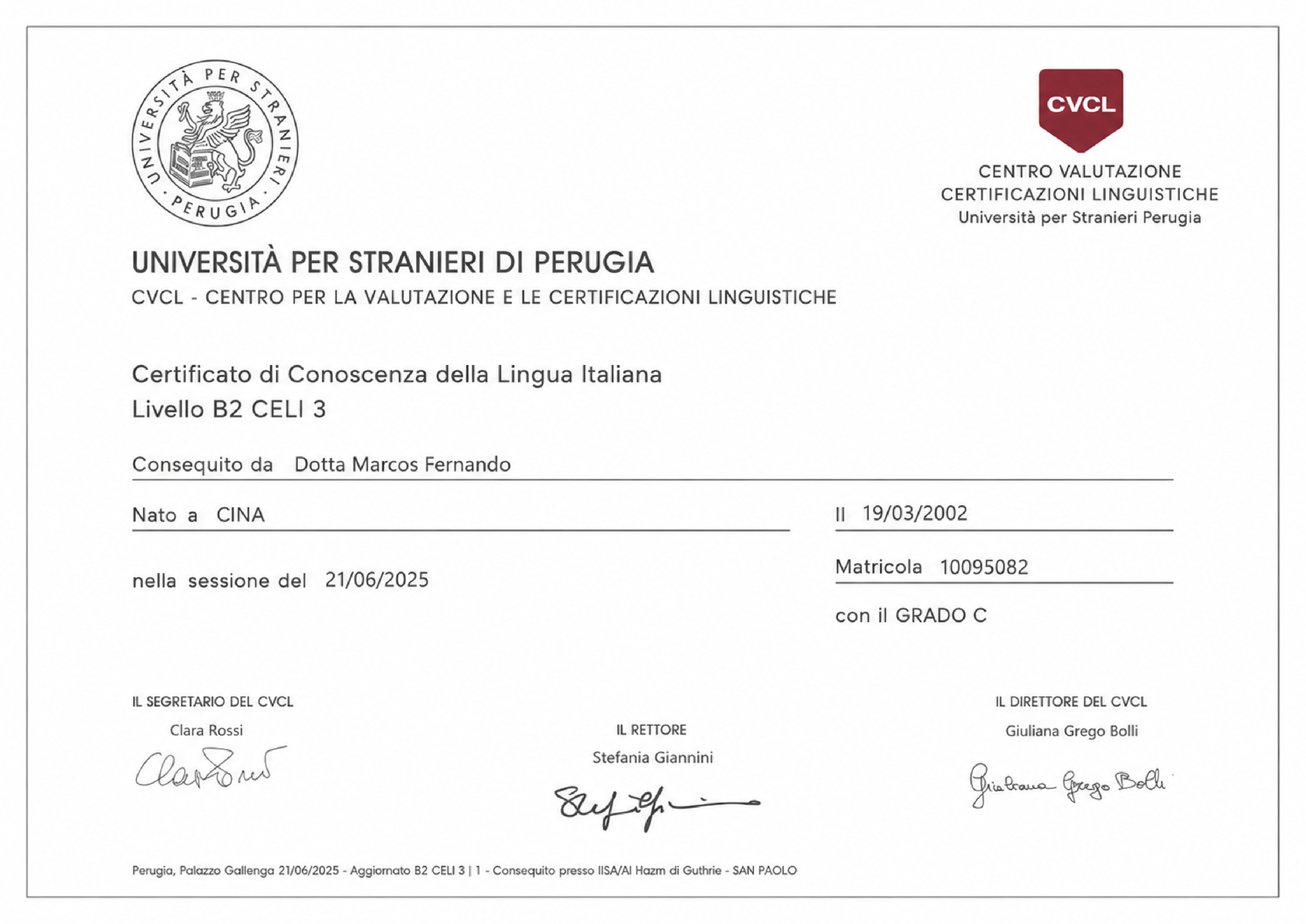CELI B2 Italian language certificate for Qiu Shiyu