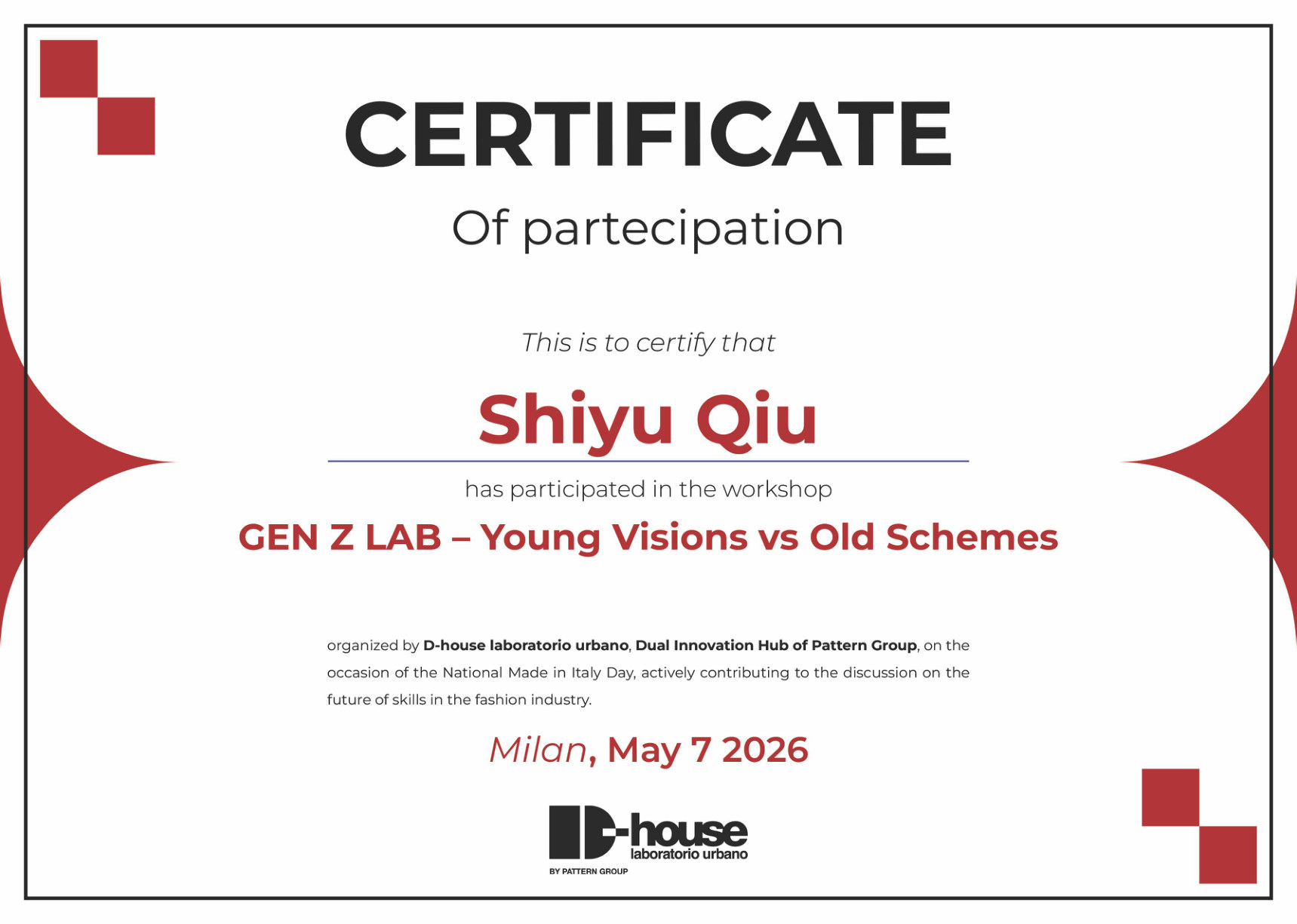 D-house laboratorio urbano certificate of participation